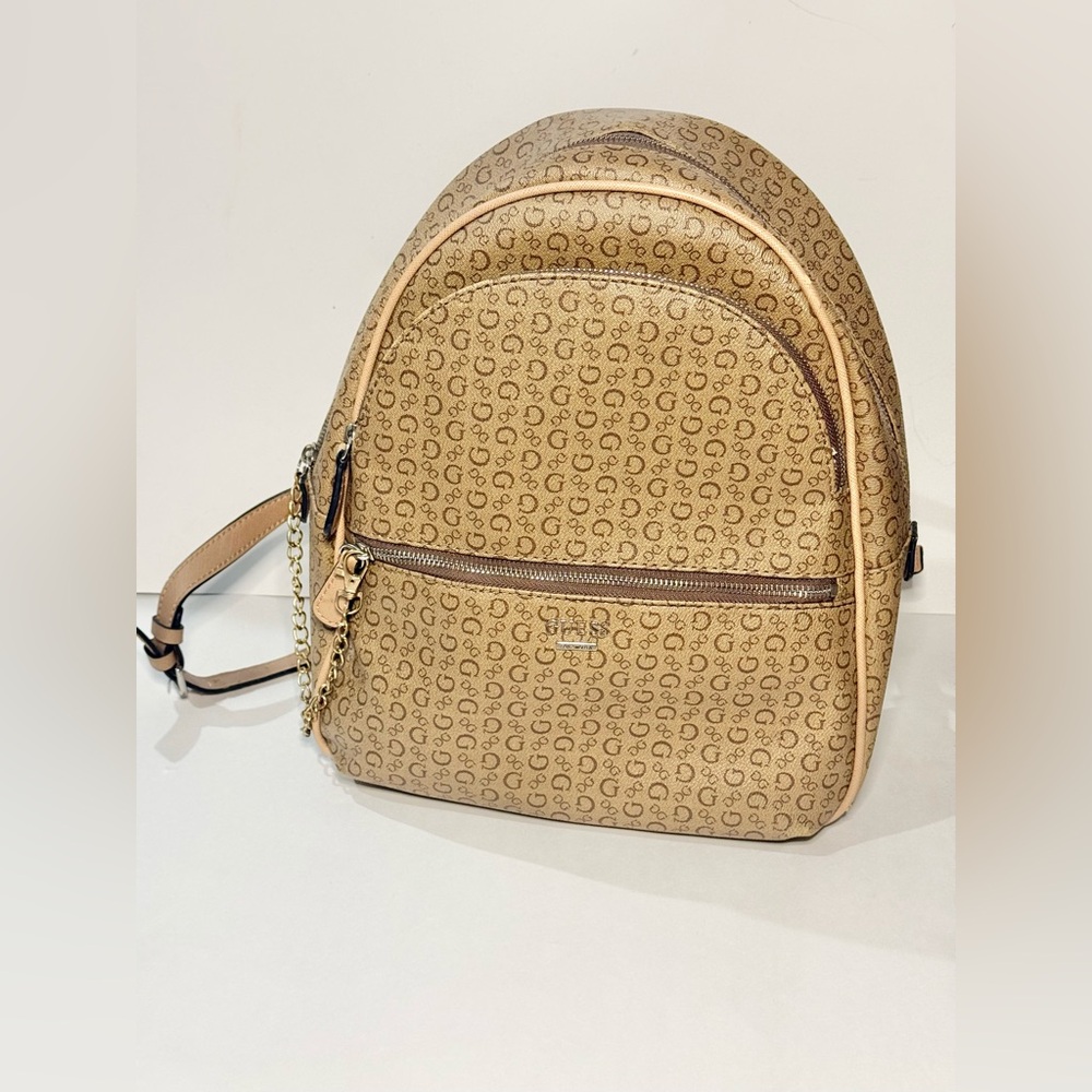 Guess Brown Tan Monogram Pattern Mini Backpack Pu… - image 1